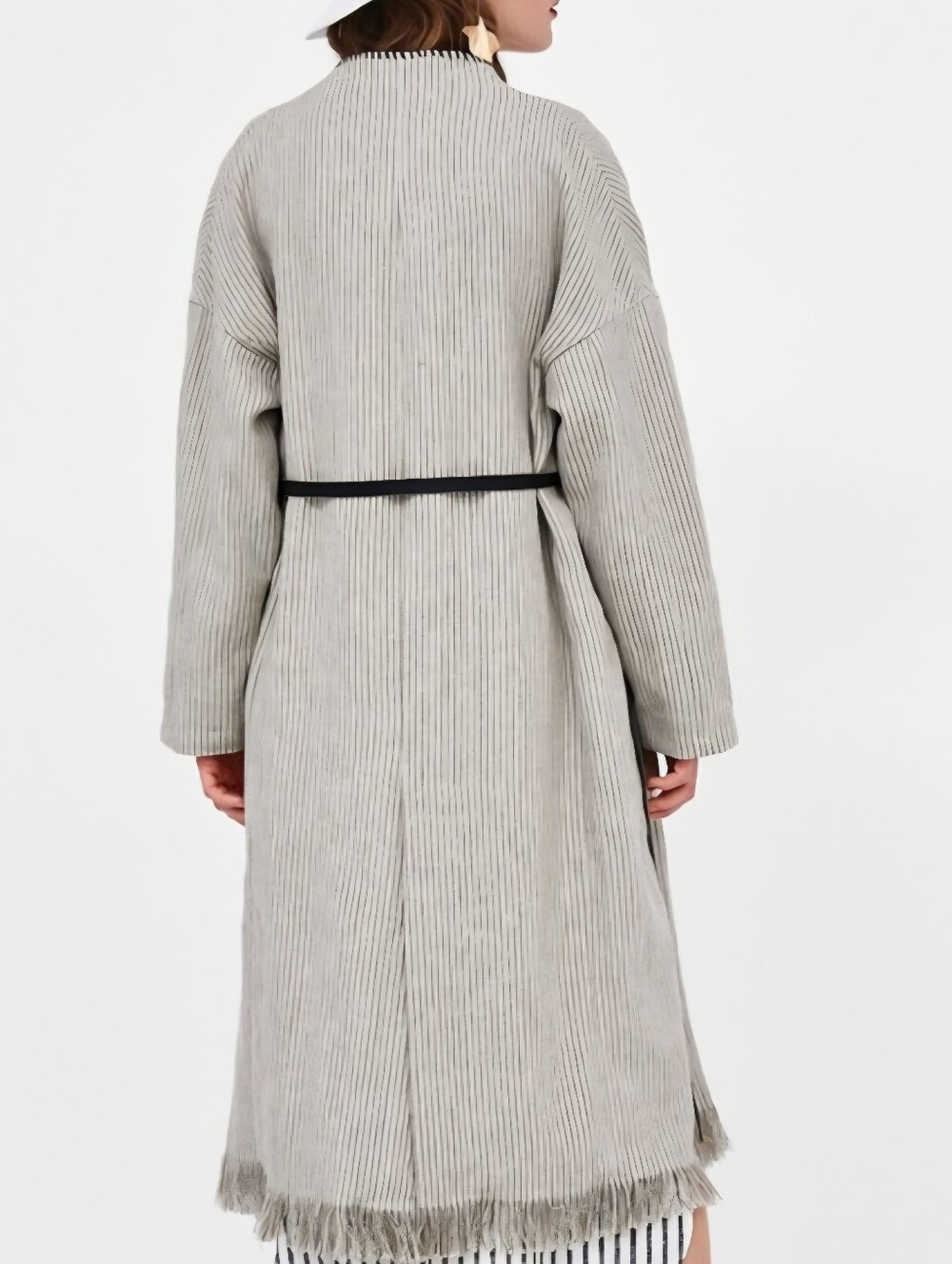 Zara Womens Beige Linen Striped Fringe Trim Hem Midi Duster Wrap Coat Size Large - Picture 4 of 15